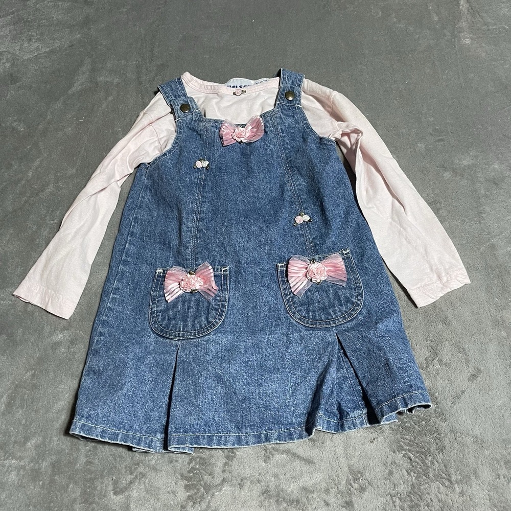 Vintage 90s Girls Denim Jumper Dress Pink Long Sleeve Shirt Toddle Girl Medium
